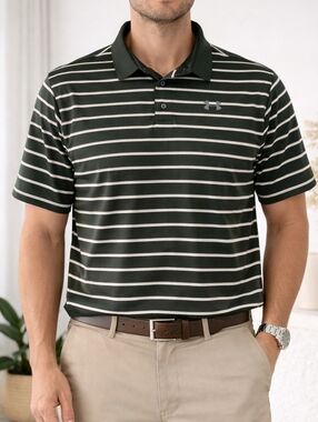 Under Armour HeatGear Polo XL Green Striped Golf Athletic Performance Shirt